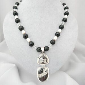 Black Onyx, Clear Quartz & White Pearl Necklace with Double Gemstone Pendant
